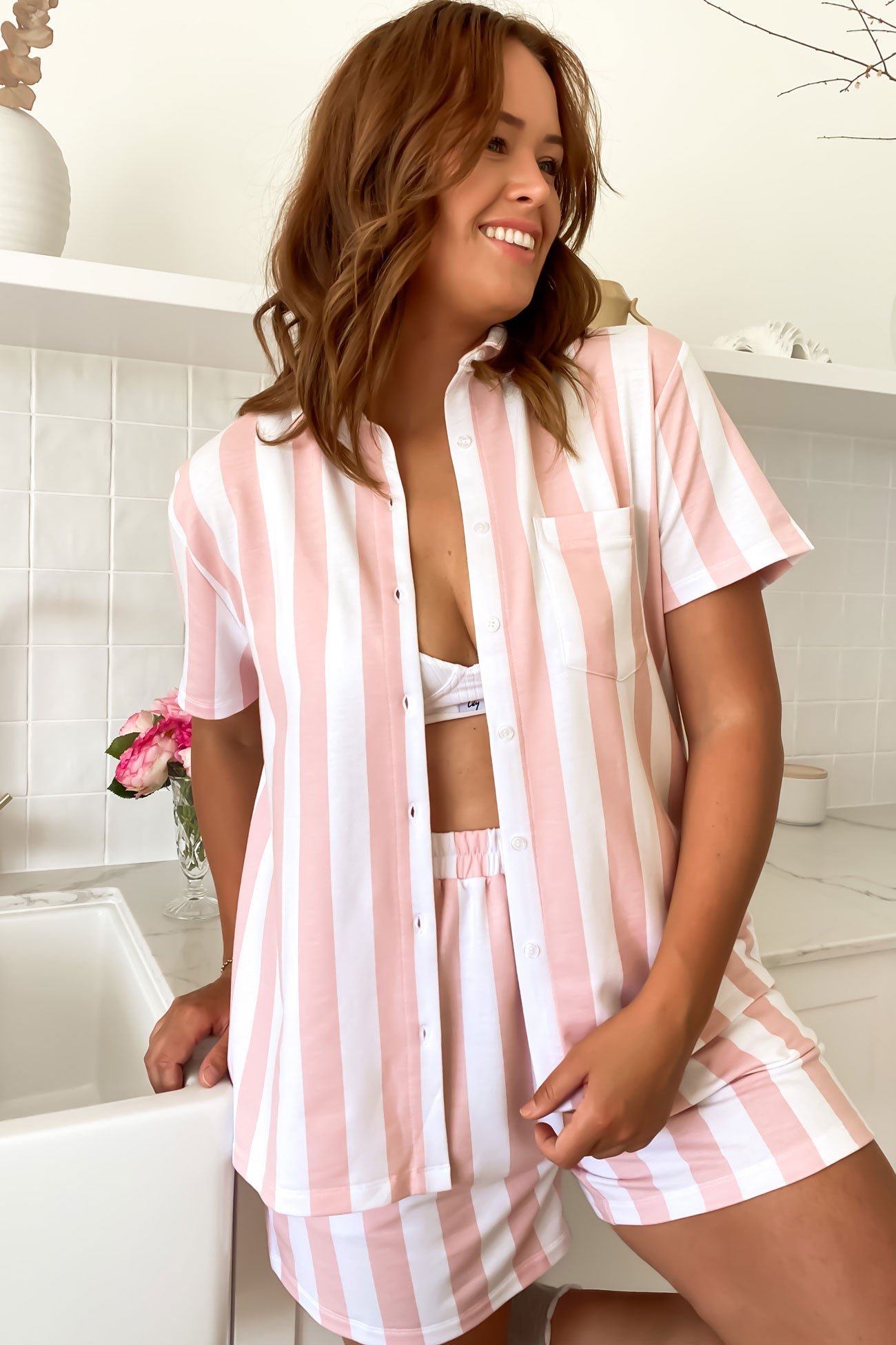 Vacay Comfort PJ Set Pink White Stripe